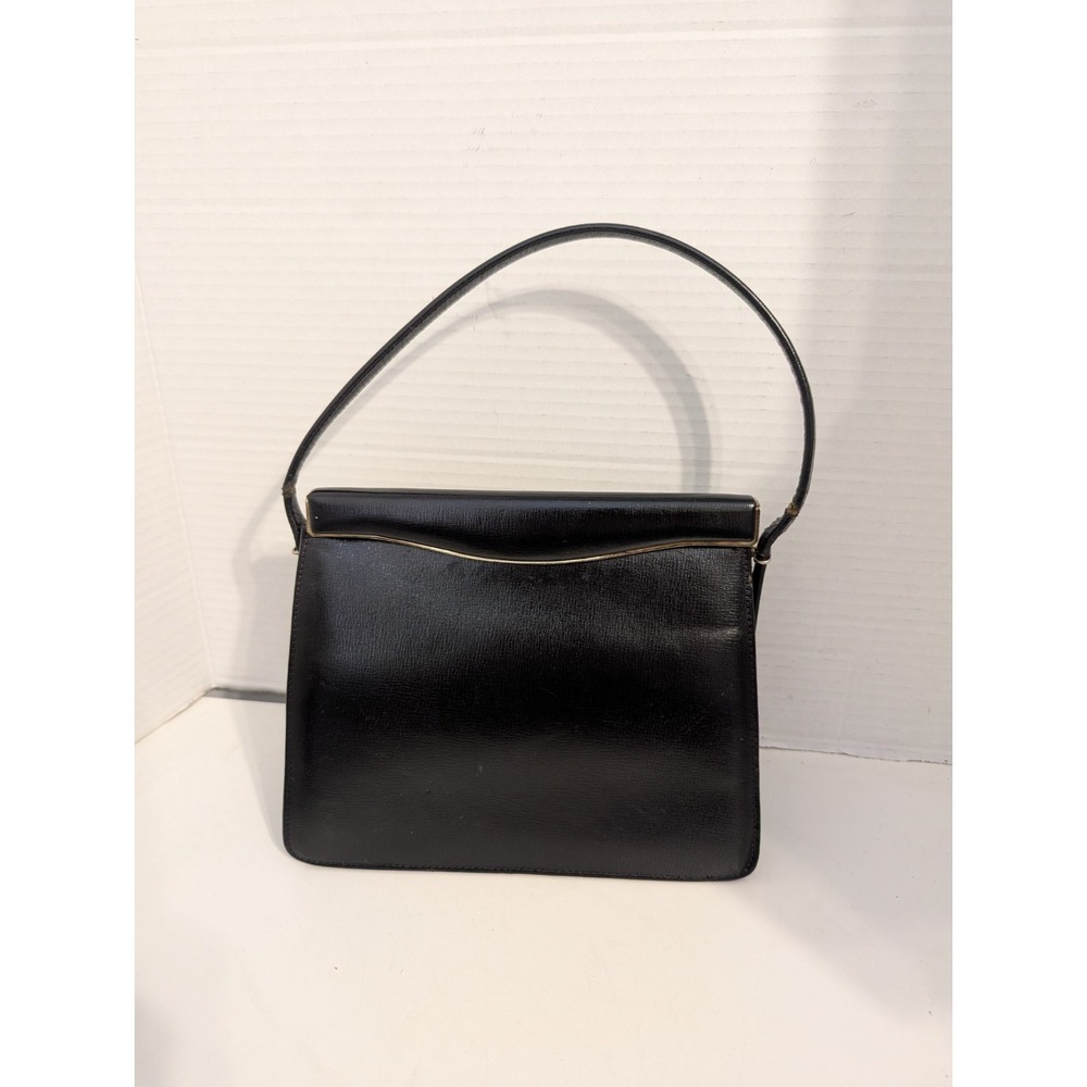 Vintage Etra 50's/60's Black Genuine‎ Leather Handbag Gold Detail